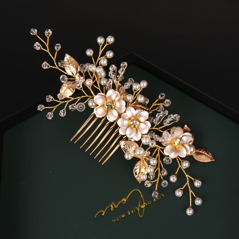 Silver Flower Hair Comb Pearl Rhinestone Bridal Wedding Tiara