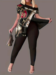 Plus Chain Print One Shoulder Top & Leggings Set