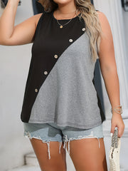 Colorblock Button Round Neck Tank Top