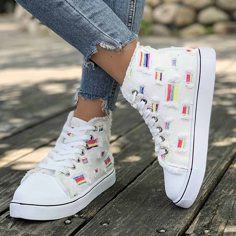 Women's High Top Canvas Sneakers Lace Up Flat Skate Shoes