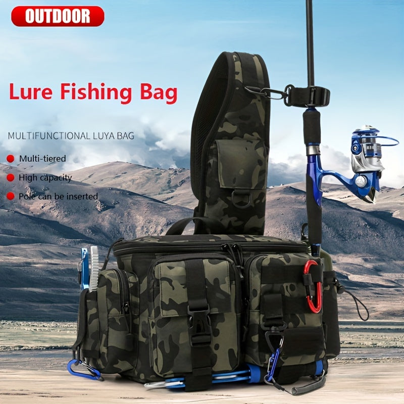 Portable Fishing Tackle Bag with Rod Holder 600D Nylon Sling Pack