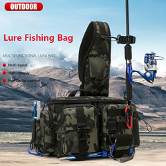 Portable Fishing Tackle Bag with Rod Holder 600D Nylon Sling Pack