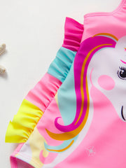 Girls Pink Unicorn One Piece Swimsuit Ruffles Patchwork Beach Bathing Suit