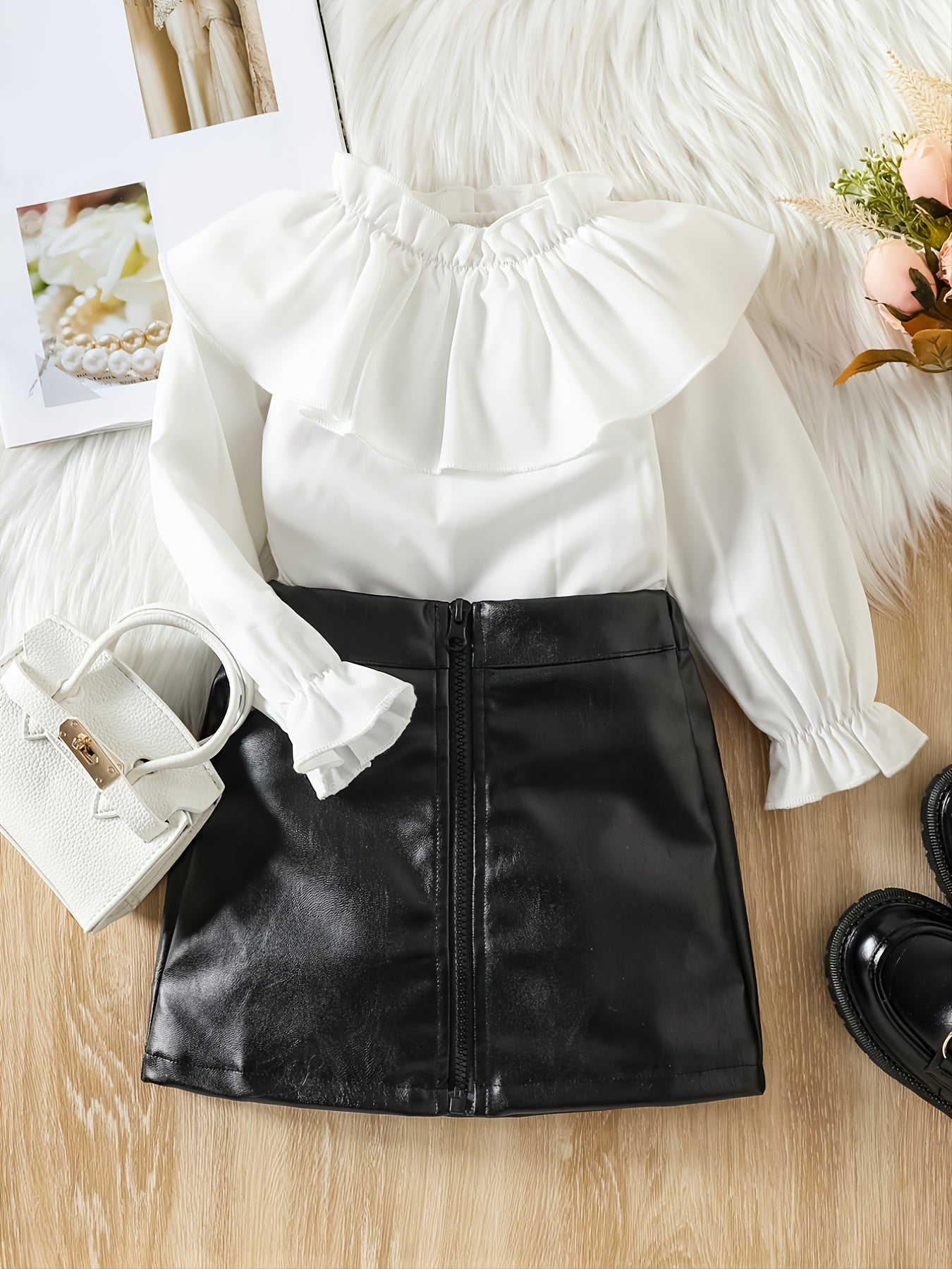 Toddler Girls Winter Skirt Set Ruffle Trim Top & PU Zipper Skirt