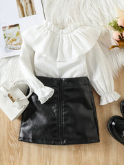 Toddler Girls Winter Skirt Set Ruffle Trim Top & PU Zipper Skirt