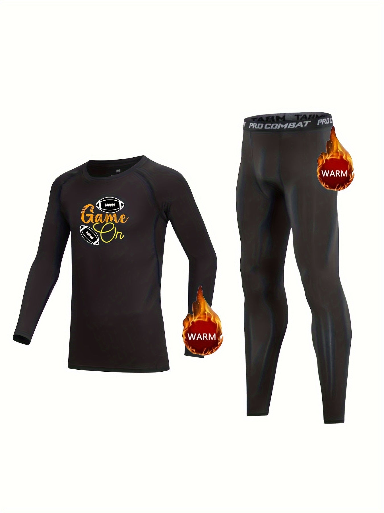 2pcs Kids Compression Fleece Sets Cartoon Football Pattern Pullover & Pants