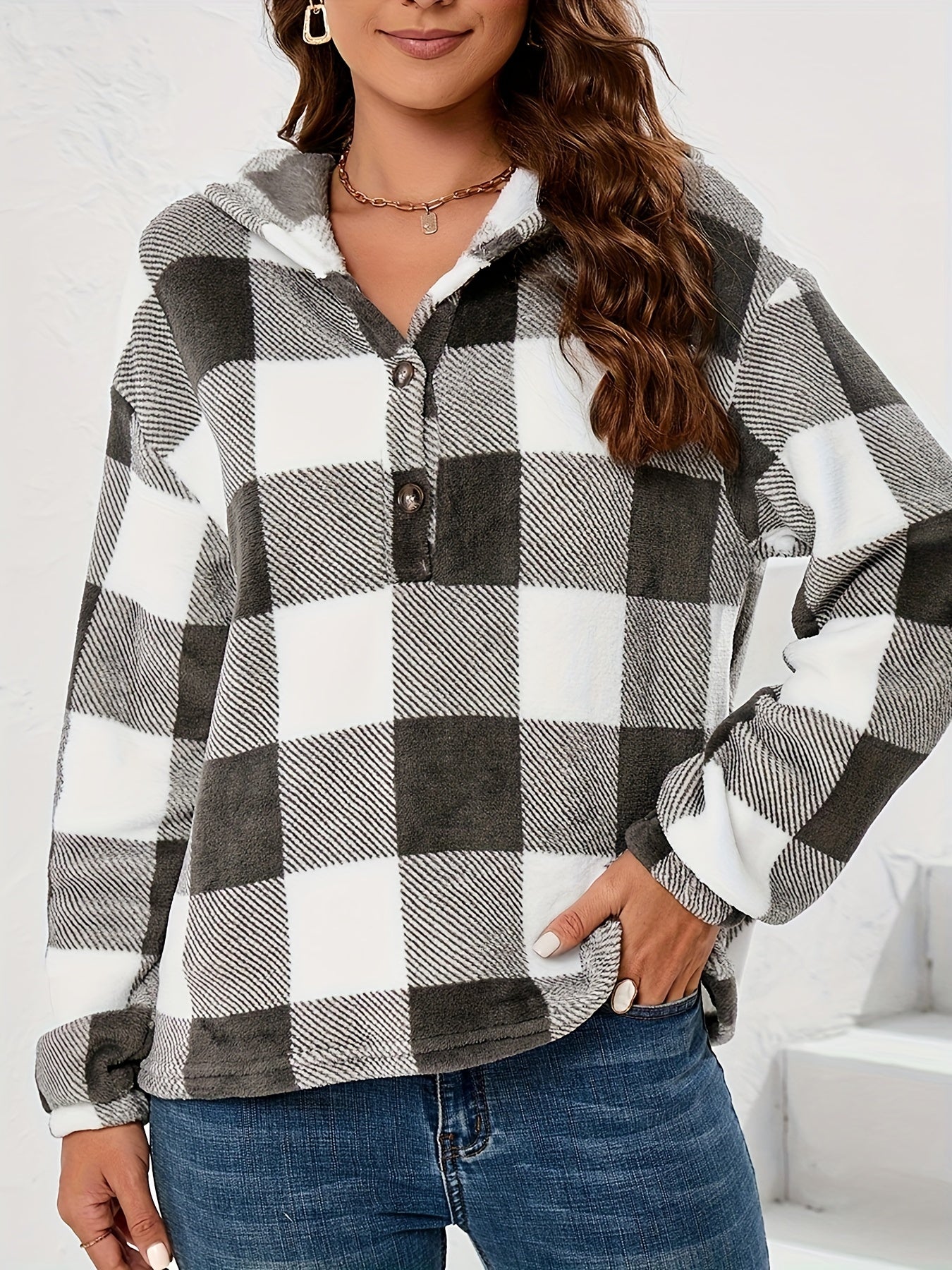 Plaid Button Front Hoodie Long Sleeve Sweatshirt