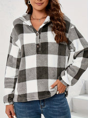 Plaid Button Front Hoodie Long Sleeve Sweatshirt