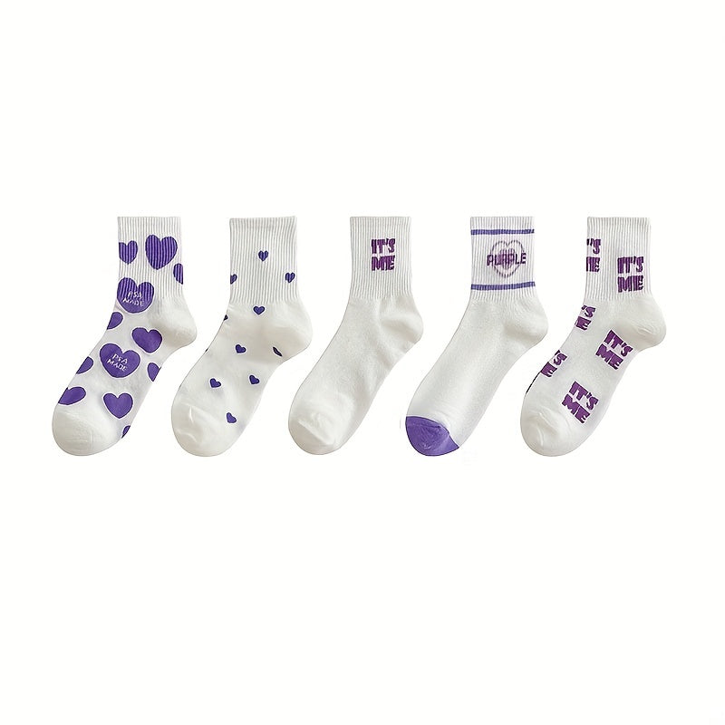 5 Pairs Heart Print Socks Comfy Women's Stockings & Hosiery