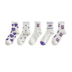 5 Pairs Heart Print Socks Comfy Women's Stockings & Hosiery