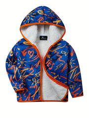 Boys Thick Hooded Sweatshirt Coat Kids Print Zip Up Outdoor Casual Warm Jacket