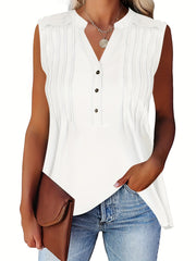 V Neck Tank Top Button Front Sleeveless Solid Summer Top