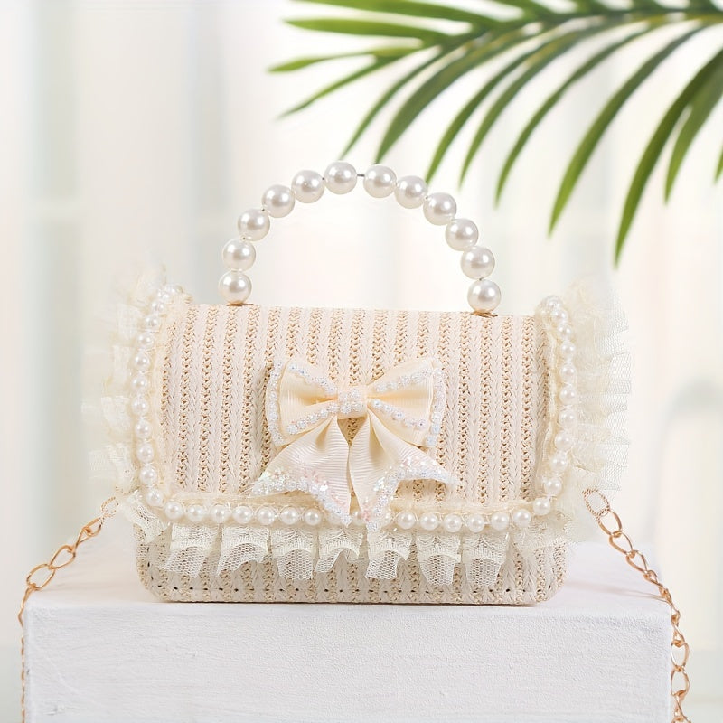Straw Crossbody Bag Faux Pearl Beaded Handbag