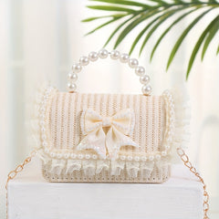 Straw Crossbody Bag Faux Pearl Beaded Handbag