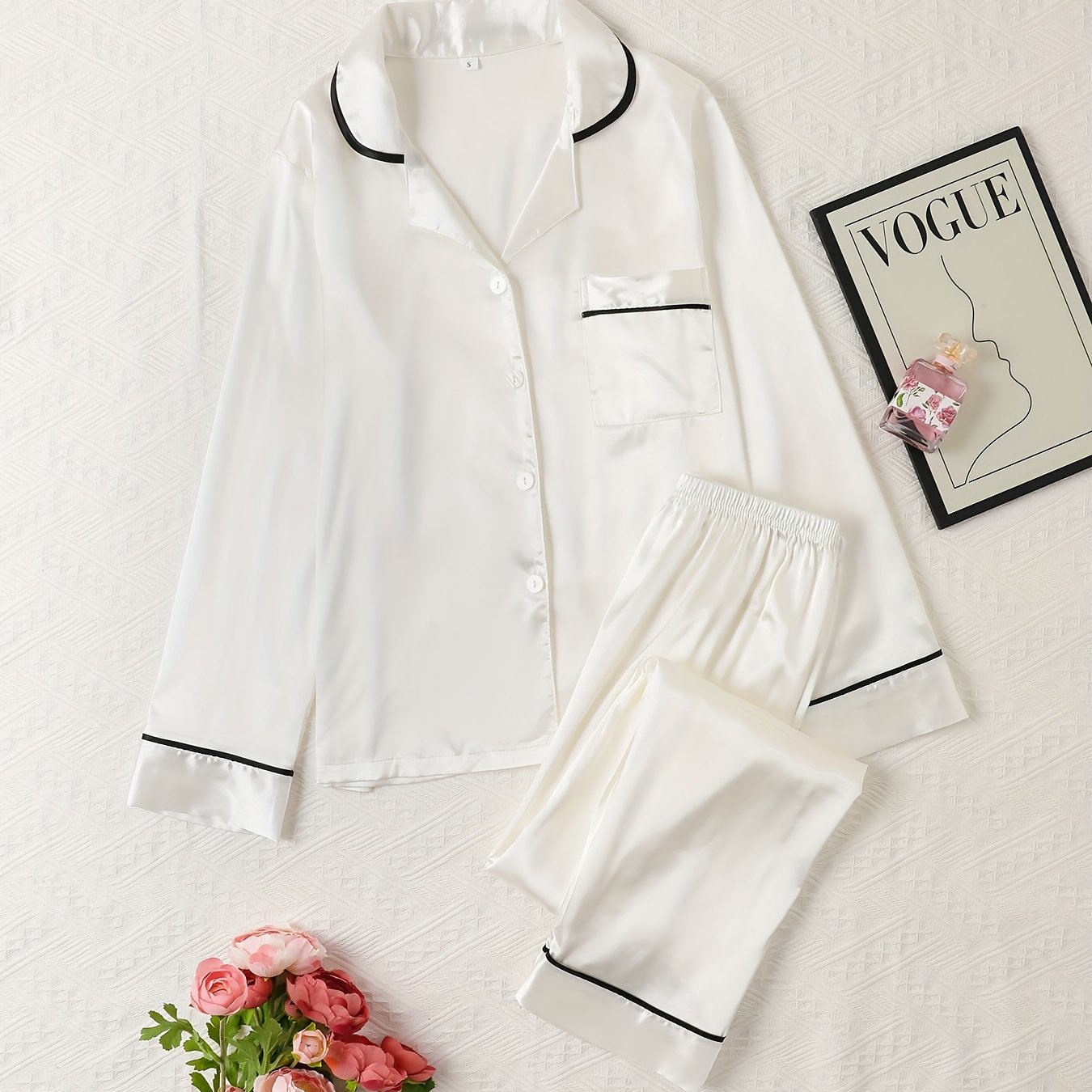 Satin Pajama Set Long Sleeve Top & Pants Women's Sleepwear