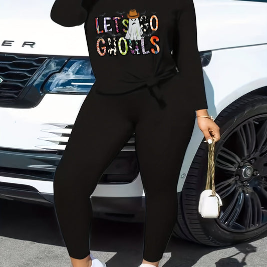 Ghost Art Print Top & Leggings Set Plus Size Halloween Outfit