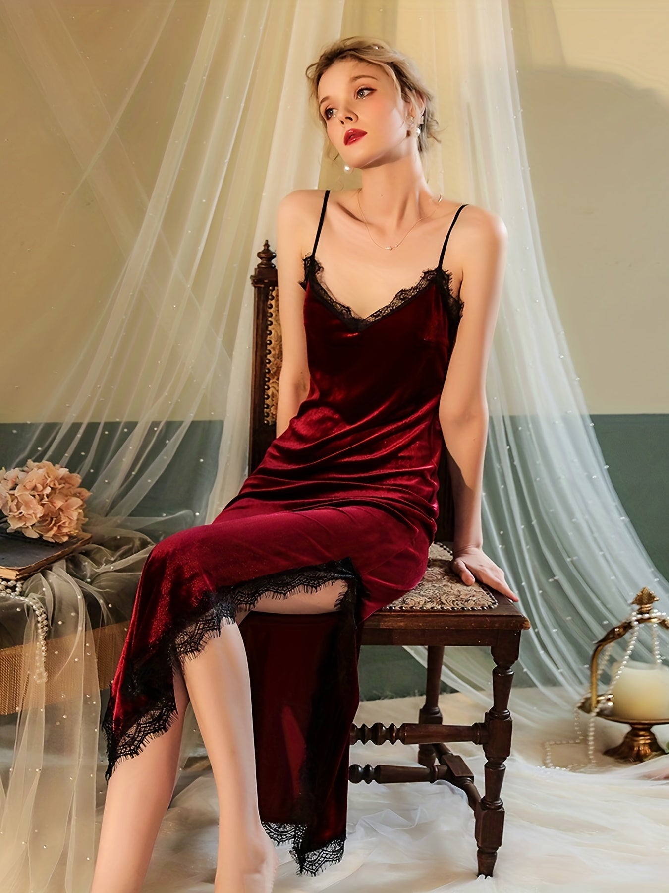 Lace Velvet Nightdress V-neck Sleep Dress
