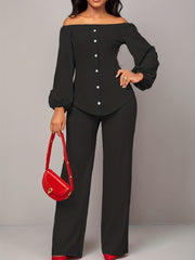 Causal Two piece Set Off Shoulder Lantern Sleeve Button Top & Straight Leg Pants