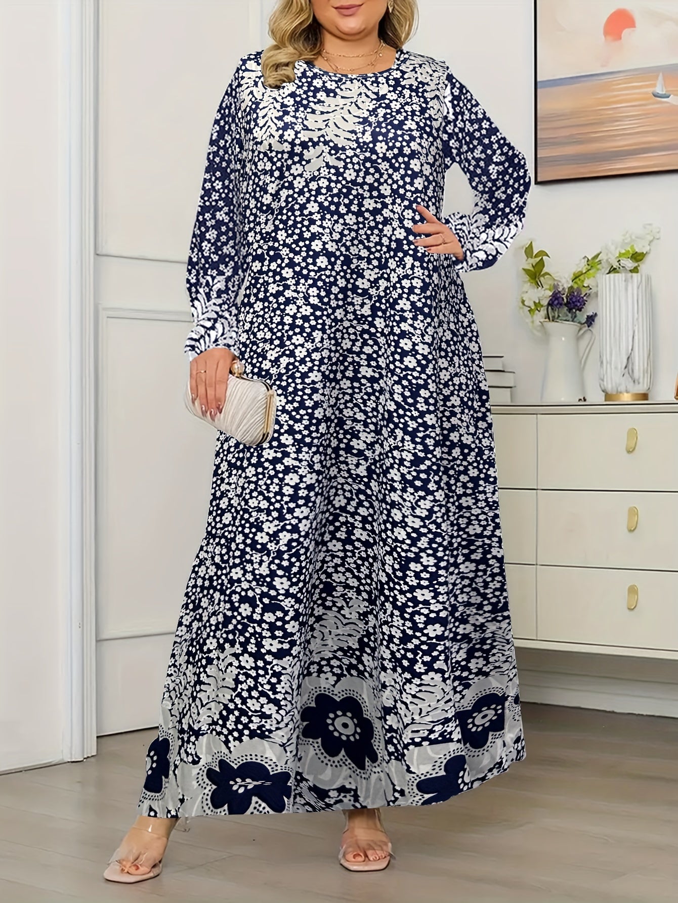 Women's Plus Size Boho Maxi Dress Long Sleeve Floral Print Loose Fit