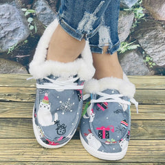 Christmas Women's Flat Cat Print Snow Boots Slip On