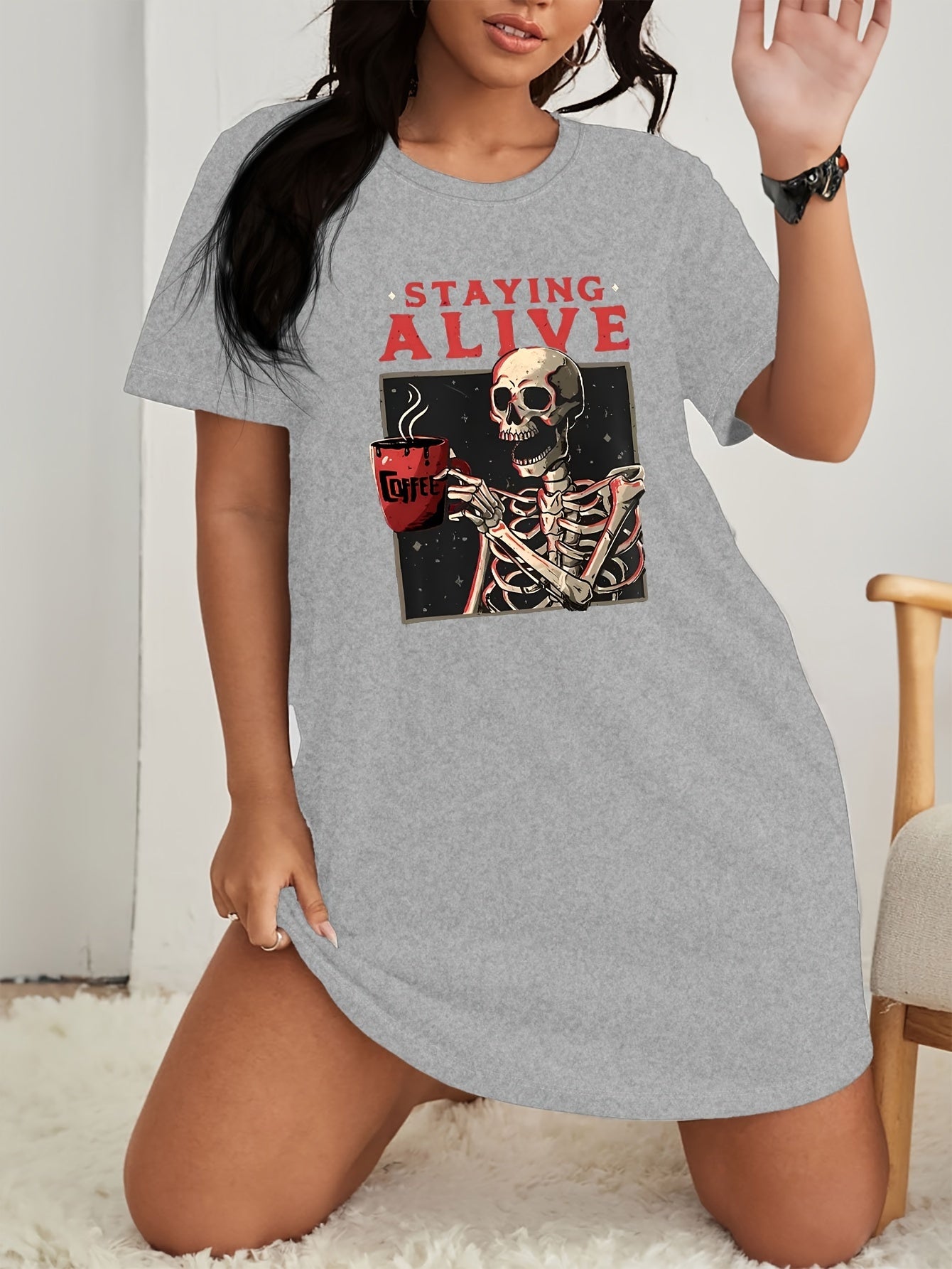 Halloween Lounge Dress Women's Skull & Slogan Print Nightdress
