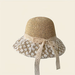 Lace Flower Ribbon Sun Hat Wide Brim Straw Hat Foldable Travel Beach Hats