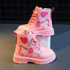 Girls' Non Slip Zip Up Ankle Boots with Heart Pattern
