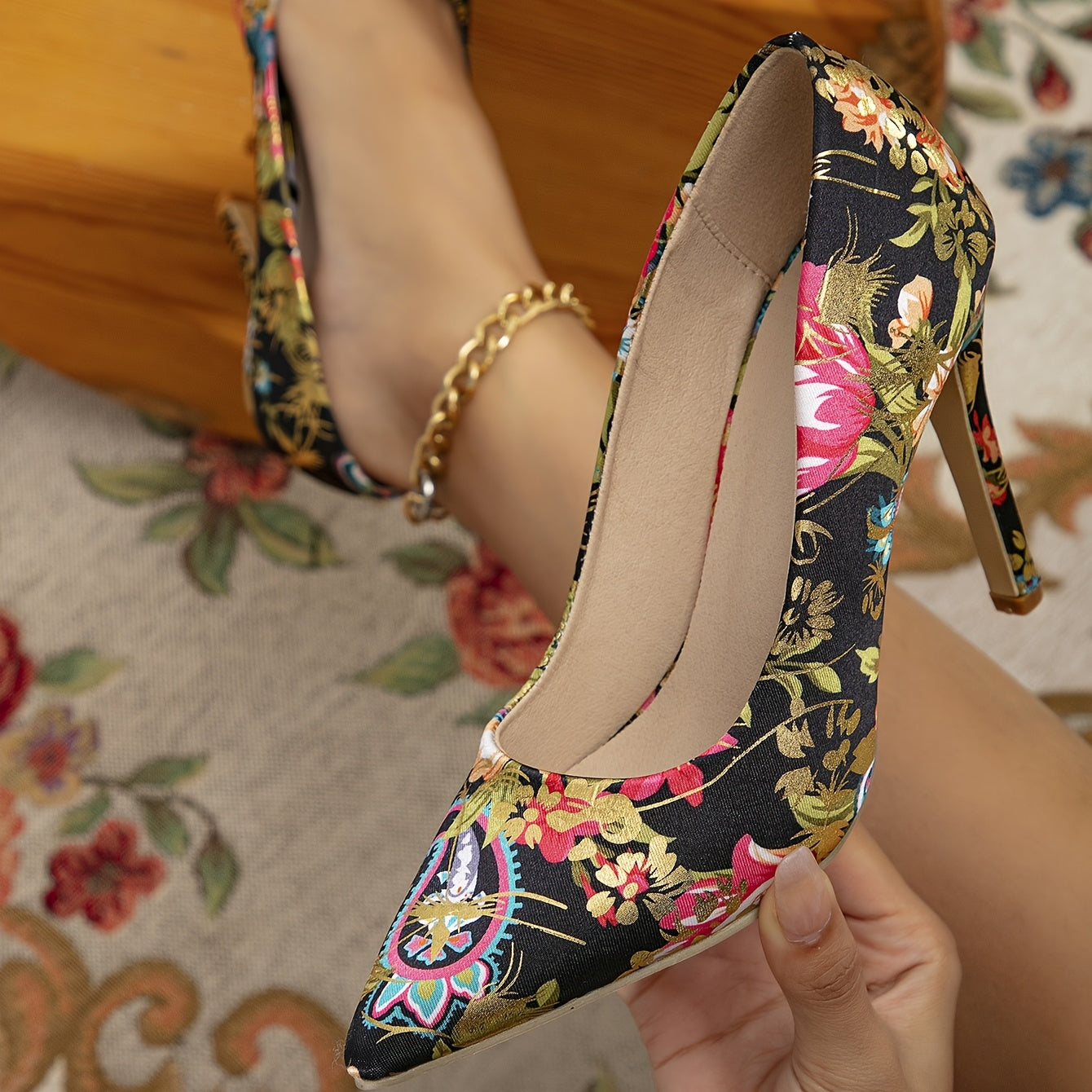 Floral Print High Heels Pointed Toe Slip On Stiletto Sexy Dress Shoes