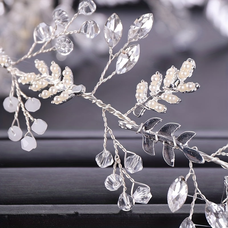 Leaf Shape Faux Pearl Head Piece Ribbon Bridal Hair Accessory