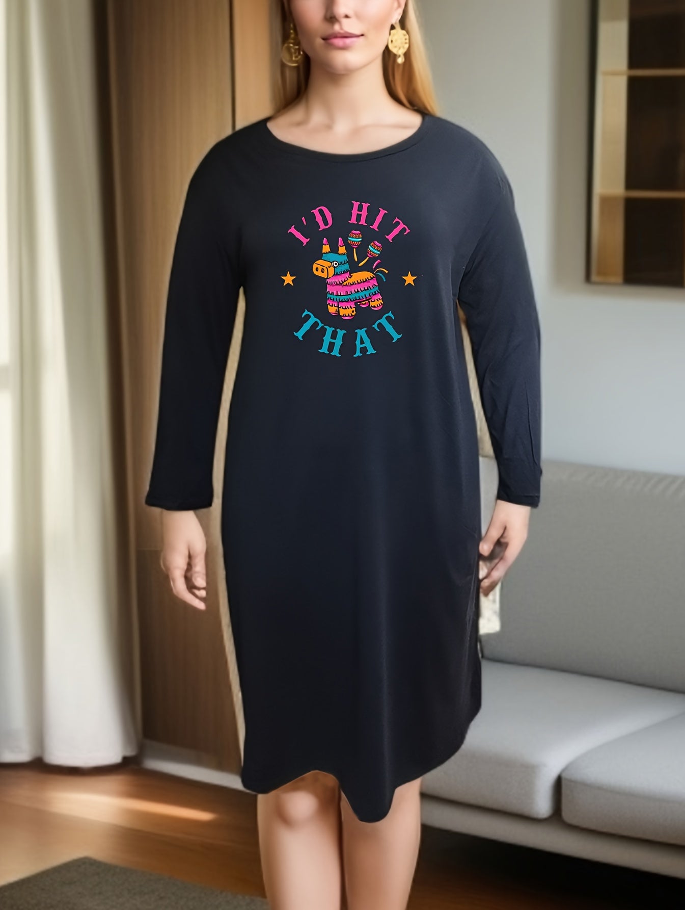 Clog & Letter Graphic Long Sleeve Tee Dress