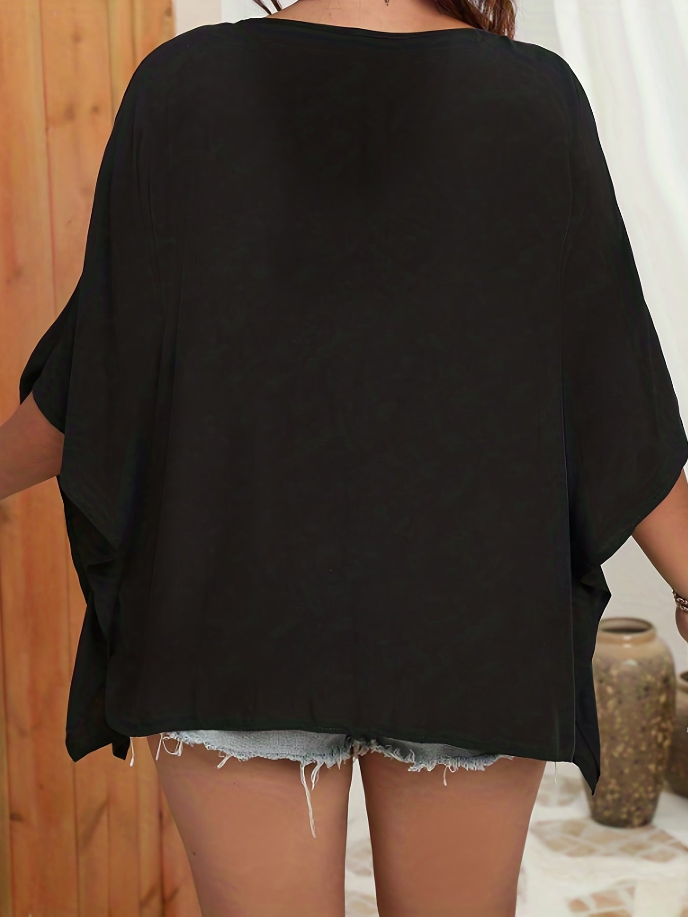 Casual Blouse Women's Plus Contrast Lace Trim Batwing Sleeve V Neck
