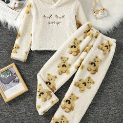 Kid's Flannel Pajamas Set Hooded Top & Pants Embroidered Bear Print Loungewear