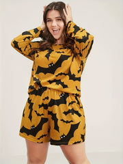 Gothic Loungewear Set Bat Print Crew Neck Tee & Shorts Pajamas