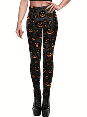 Halloween Sports Leggings Women's Plus Pumpkin & Spiderweb Print