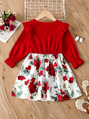 Floral Button Bow Ruffle Trim Princess Dress for Spring