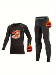 Kids Compression Fleece Sets Animal Pattern Crew Neck Shirt Elastic Waist Pants