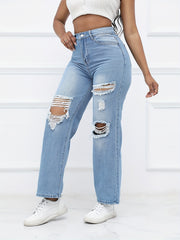 Distressed High Waist Straight Jeans Wide Leg Denim Pants