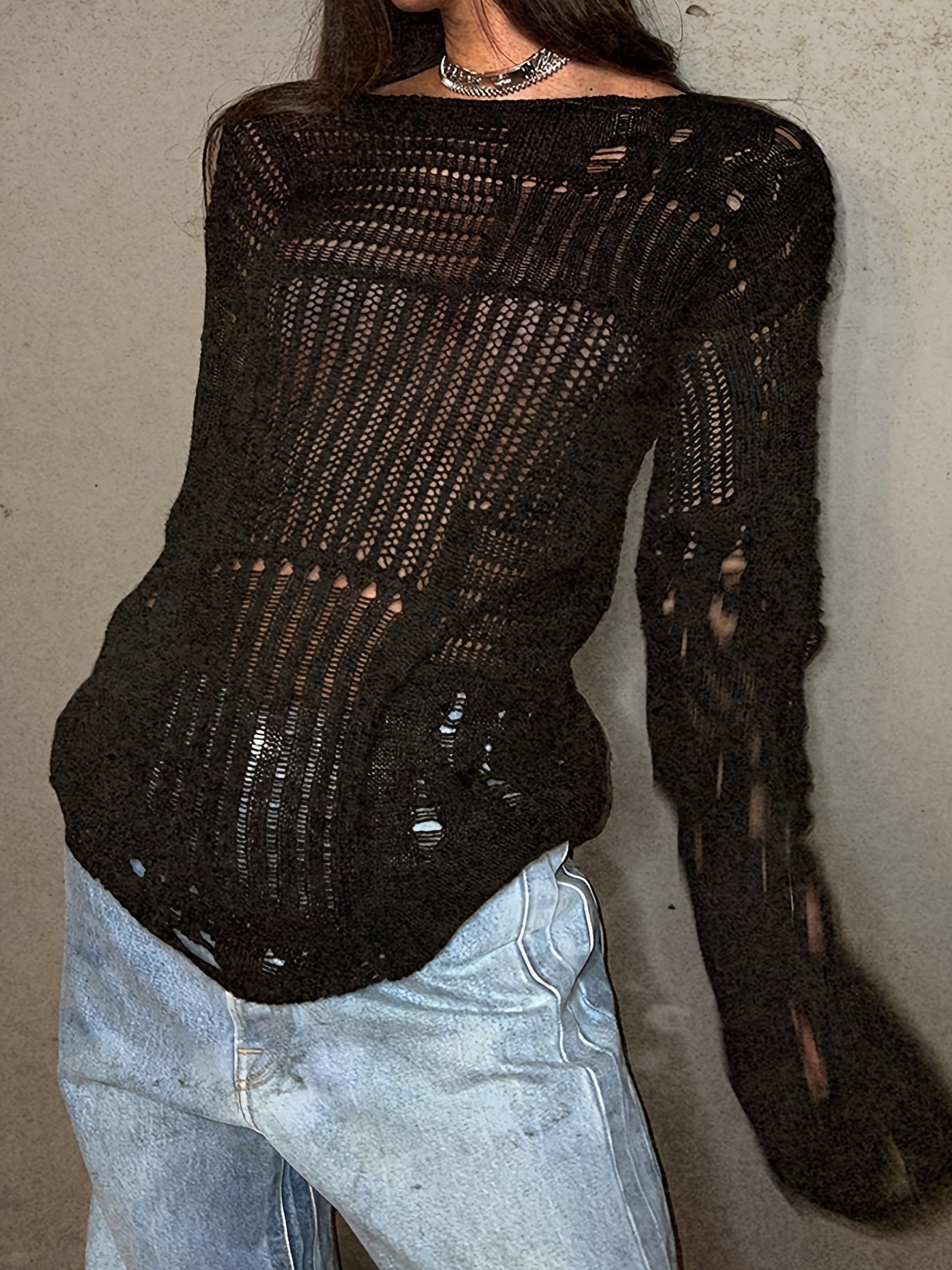 Hollow Out Knit Pullover Y2K Sweater Top
