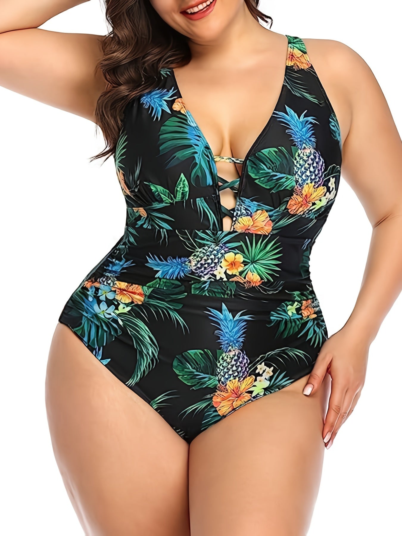 Plus Size Leopard Print Lace Up One Piece Swimsuit