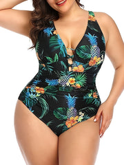 Plus Size Leopard Print Lace Up One Piece Swimsuit