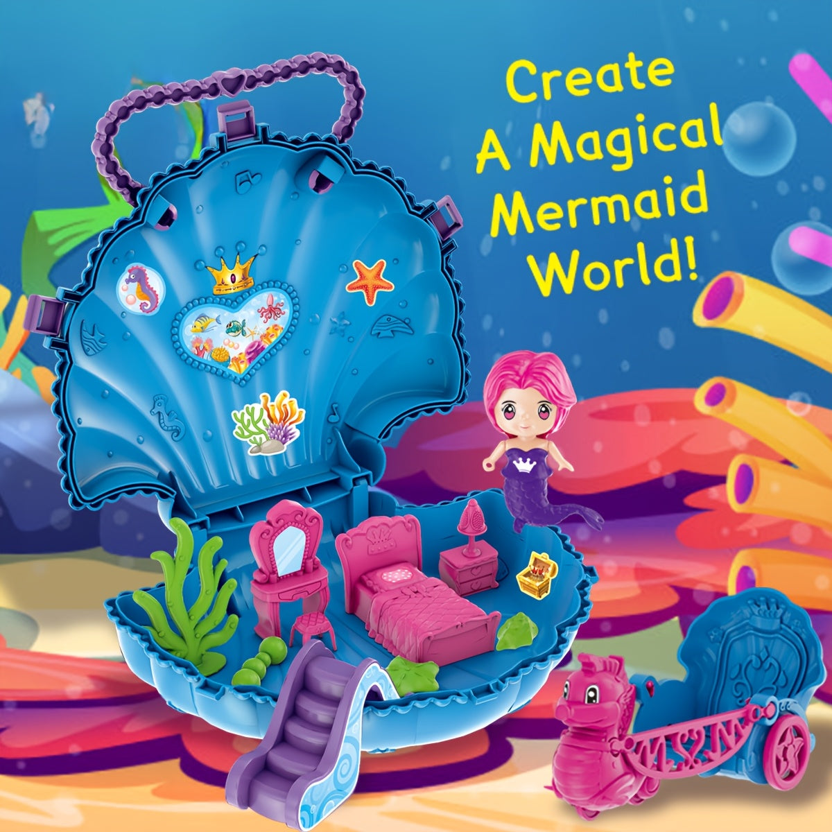 Magical Mermaid Shell Set for Girls with Doll & Seahorse Carriage