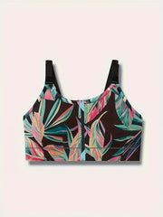 Tropical Print Zipper Front Sports Bra
