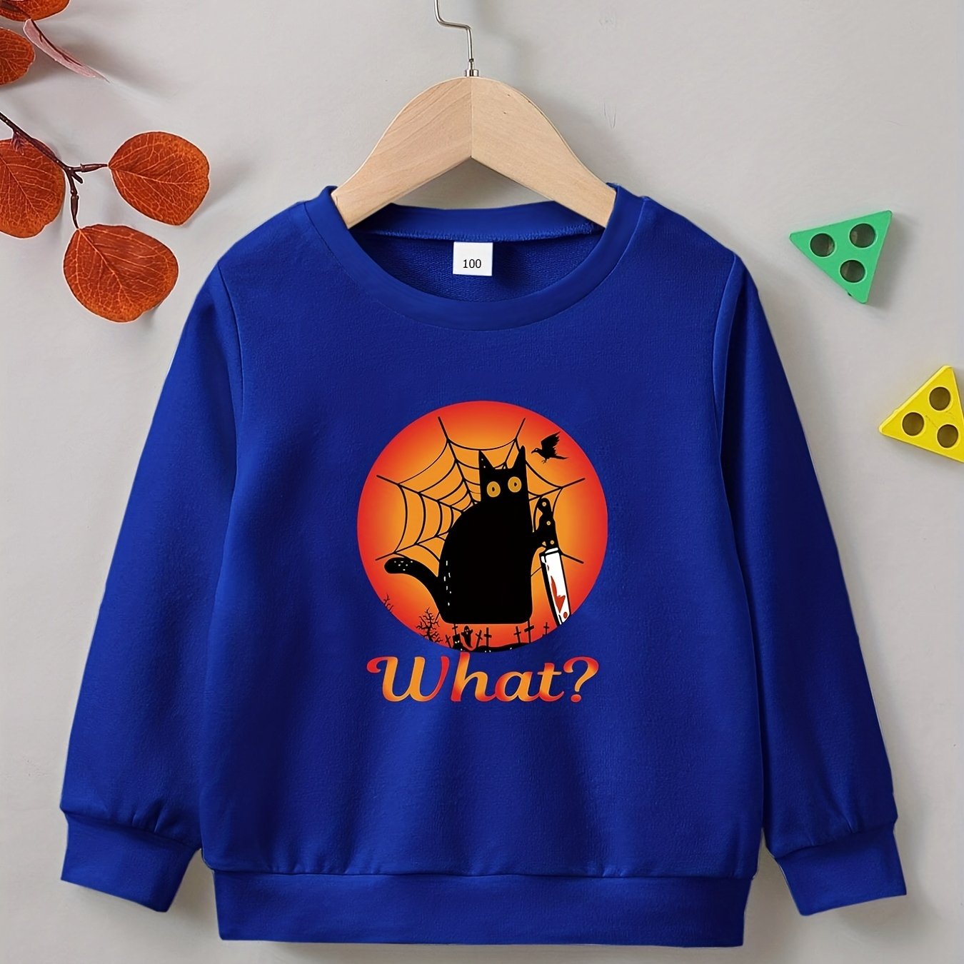Halloween Cat Print Boys Sweatshirt Long Sleeve Crew Neck Tops Kids Clothing