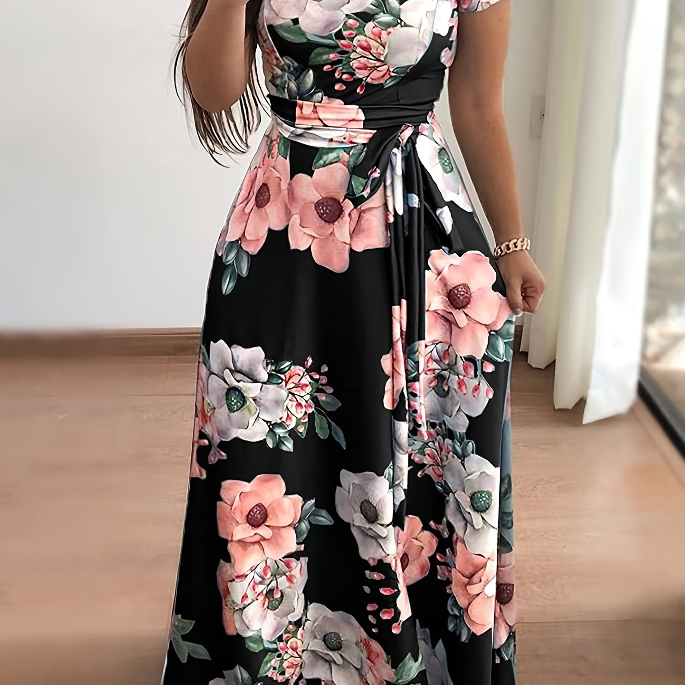 Floral Print Short Sleeve Maxi Dress With Belt