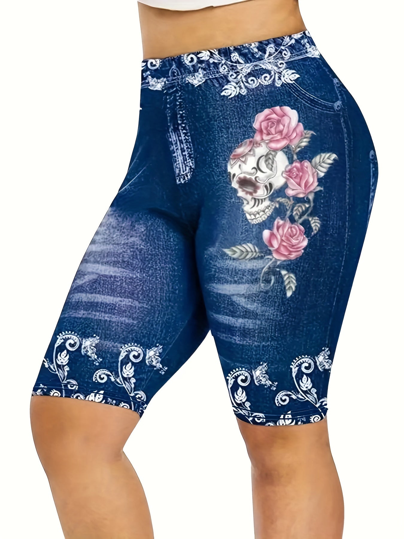 Skull & Flower Print High Waist Denim Shorts