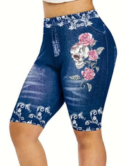 Skull & Flower Print High Waist Denim Shorts