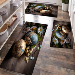 Flower & Egg Pattern Machine Washable Kitchen Rug