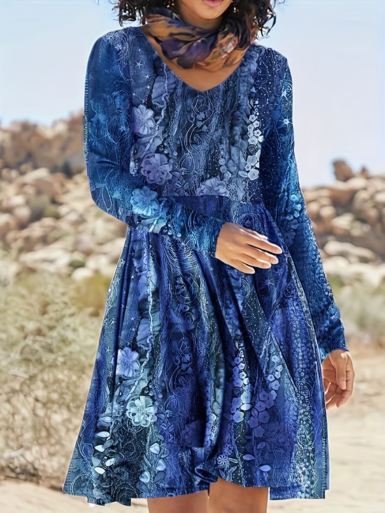 Floral Print V Neck Pleated Dress Plus Size
