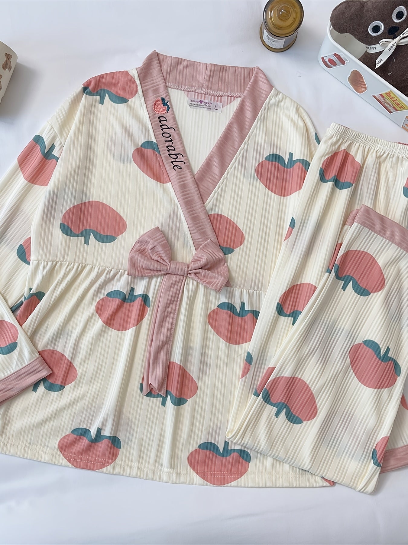 Peach Pattern Pajama Set Long Sleeve Top & Pants Women's Sleepwear