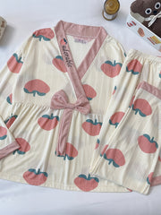 Peach Pattern Pajama Set Long Sleeve Top & Pants Women's Sleepwear